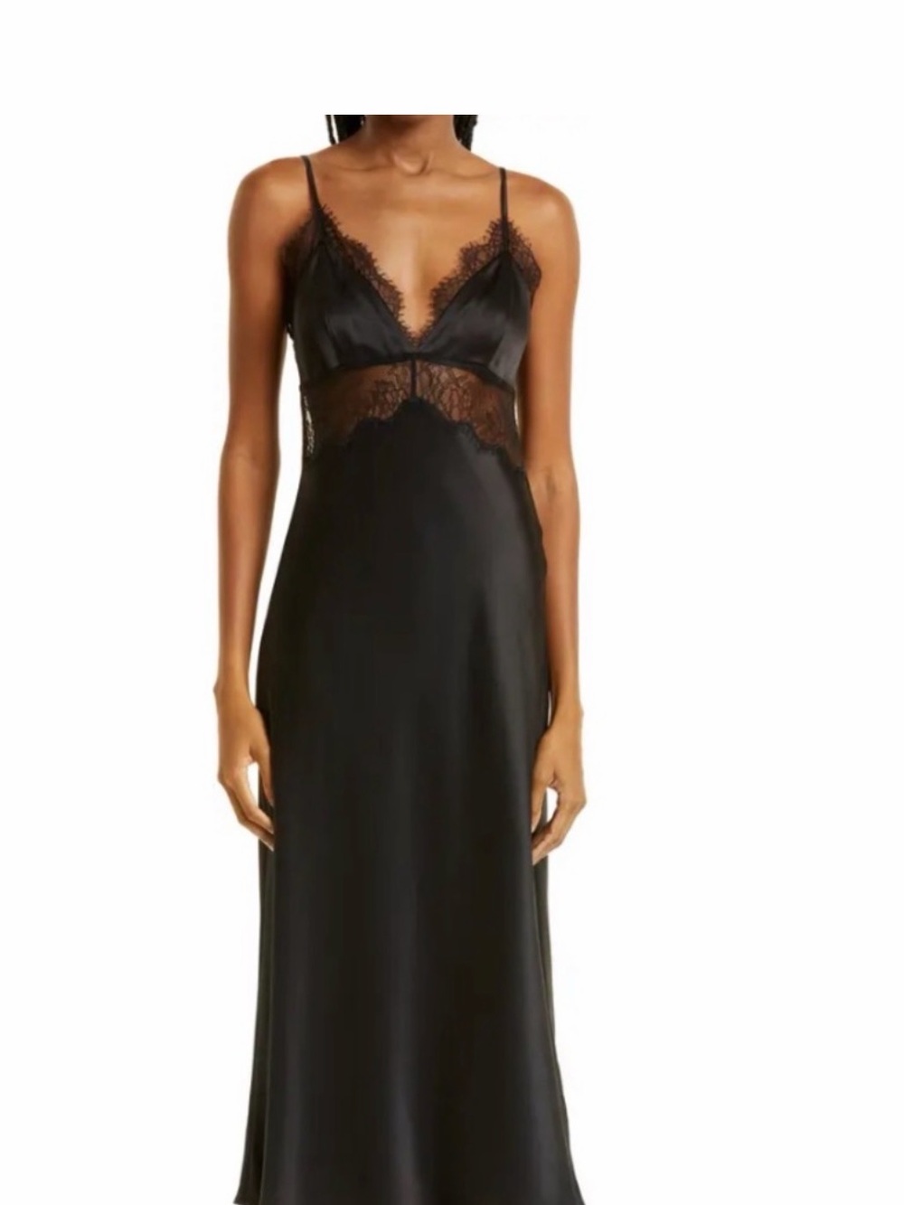 Wayf Black Satin Lace-Trim Slip Dress